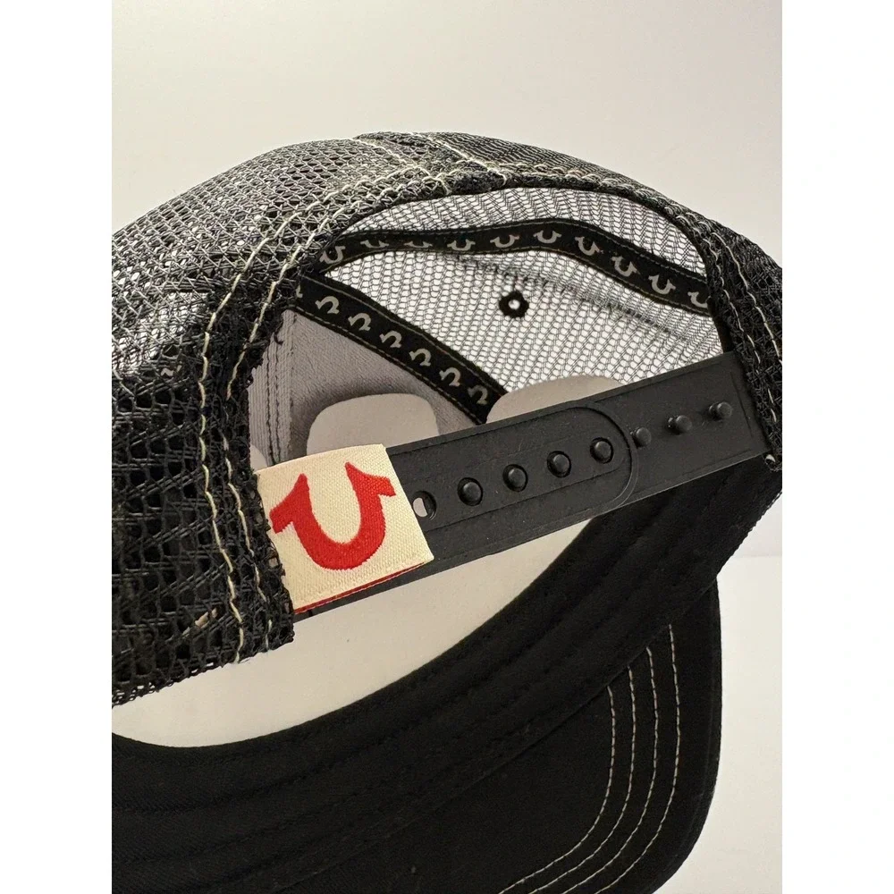 True Religion Buddha Logo Trucker Hat Black Mesh Back Adjustable One Size